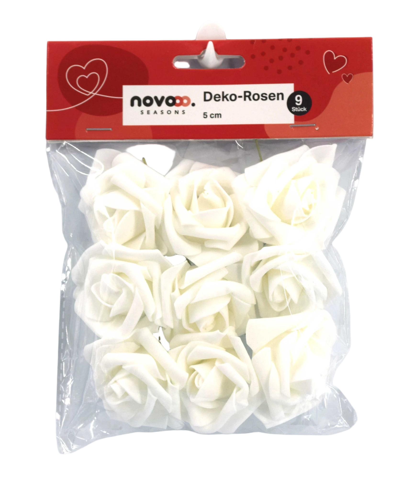 Packung mit neun weißen Dekorationsrosen. Jede Rose hat einen Durchmesser von 5 cm.