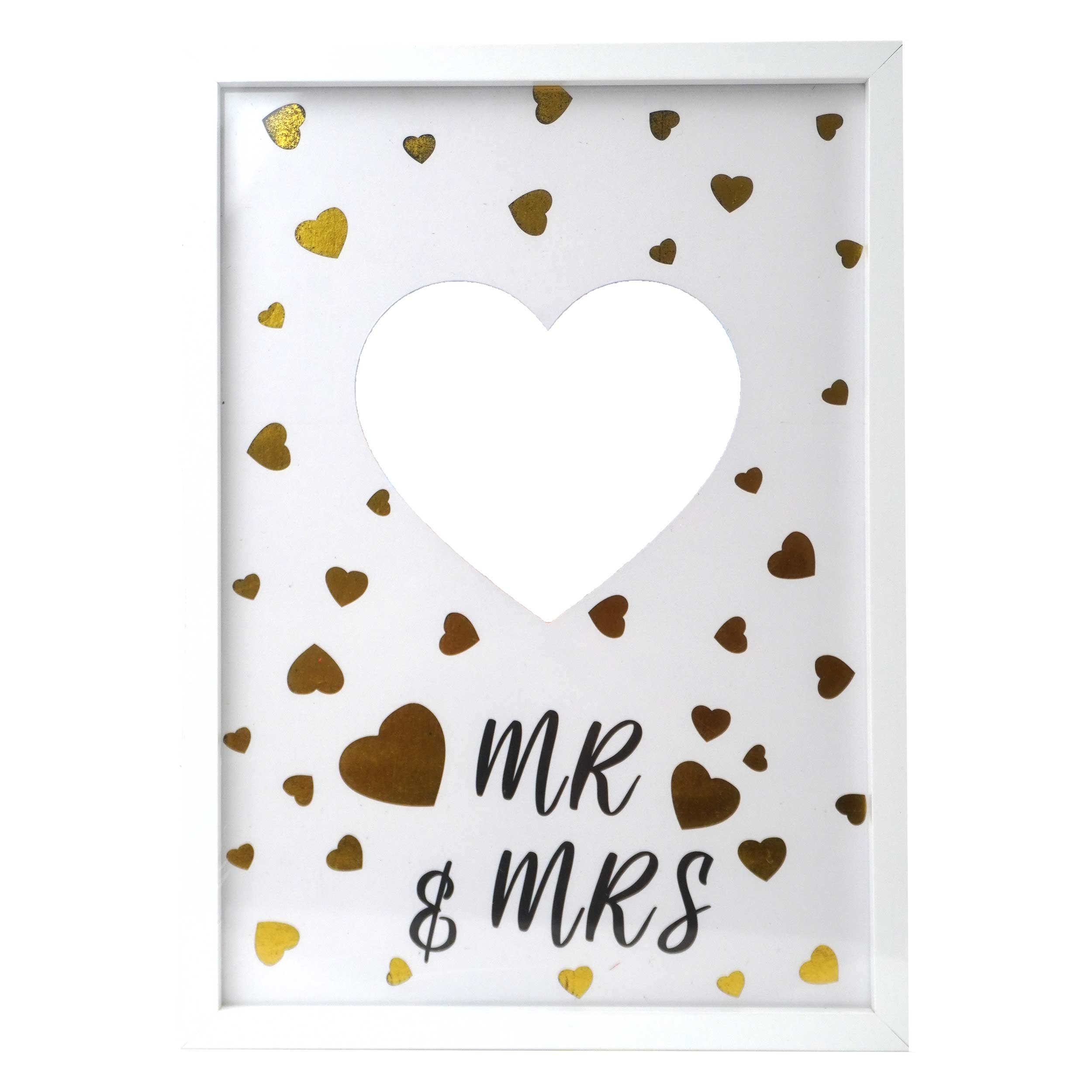 Rahmen mit Herz-Ausschnitt. Auf weißem Hintergrund goldene Herzen und der Text 'MR & MRS'.