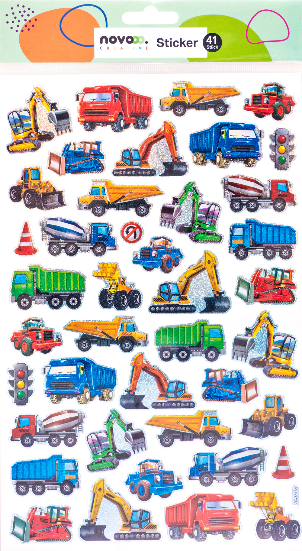 Stickerbogen mit verschiedenen Fahrzeugen und Baustellenmotiven. Bunte Trucks, Bagger und Verkehrszeichen.