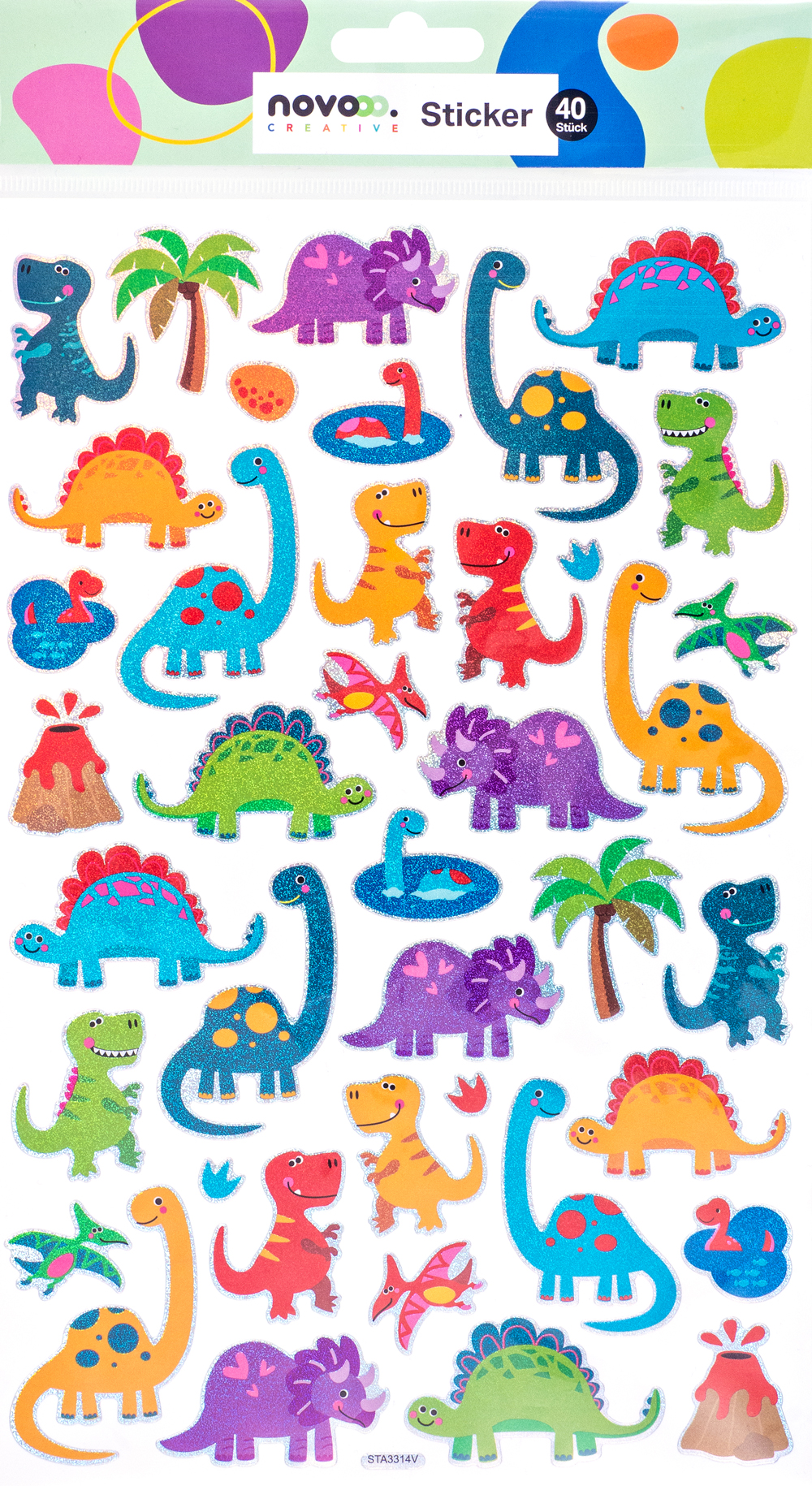 Bogen mit bunten Dinosaurier-Stickern in verschiedenen Formen und Farben. Enthält auch einige Pflanzen und vulkanische Motive.