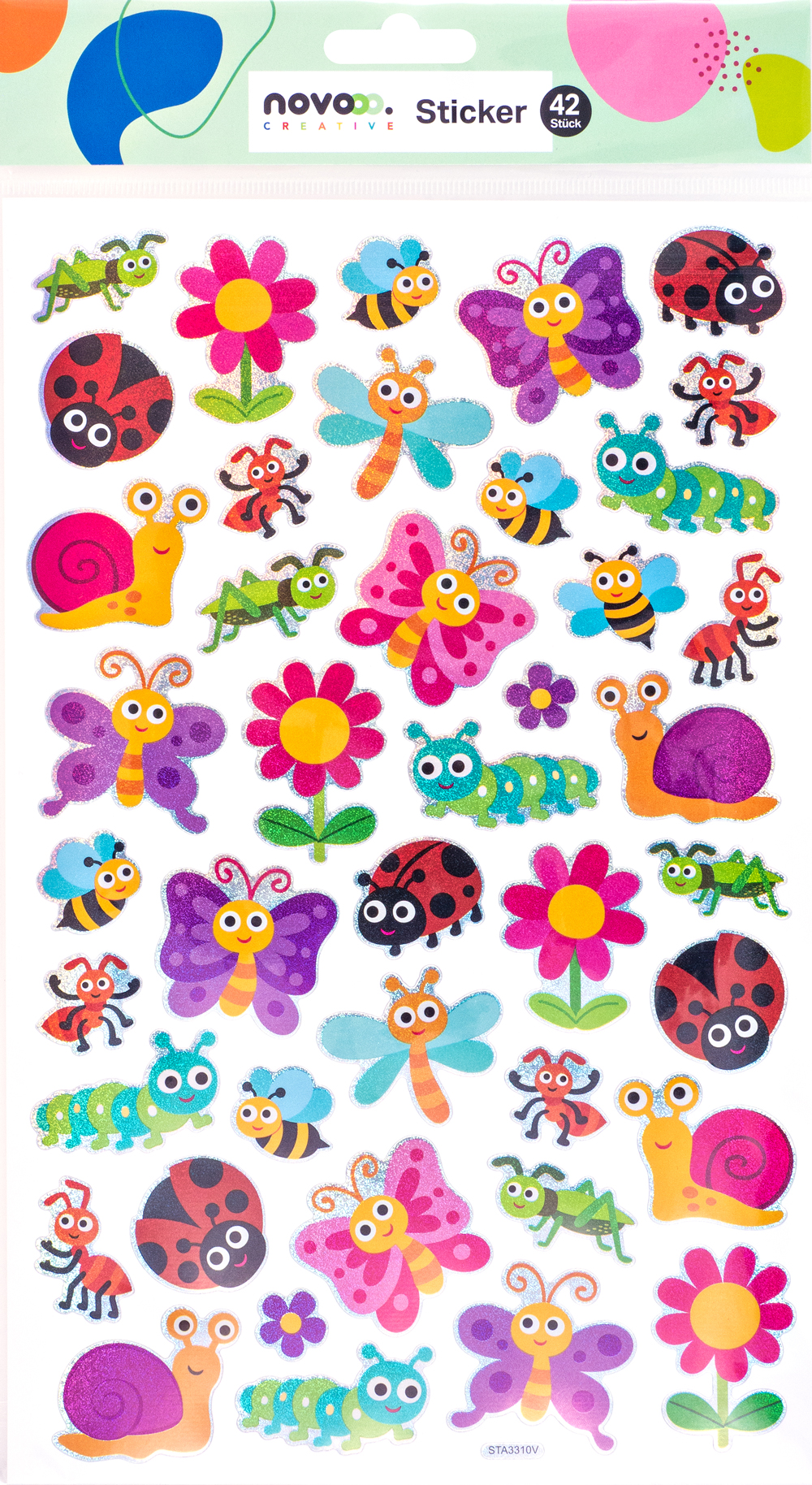 Stickerbogen mit 42 bunten Aufklebern. Motive: Insekten, Blumen, Schnecken, Schmetterlinge. Fröhliche Farben, glitzernde Oberflächen.
