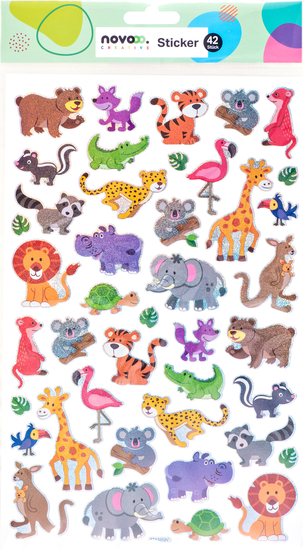 Stickerbogen mit 42 bunten Tiermotiven. Enthält Tiere wie Löwen, Giraffen, Koalas und Flamingos.