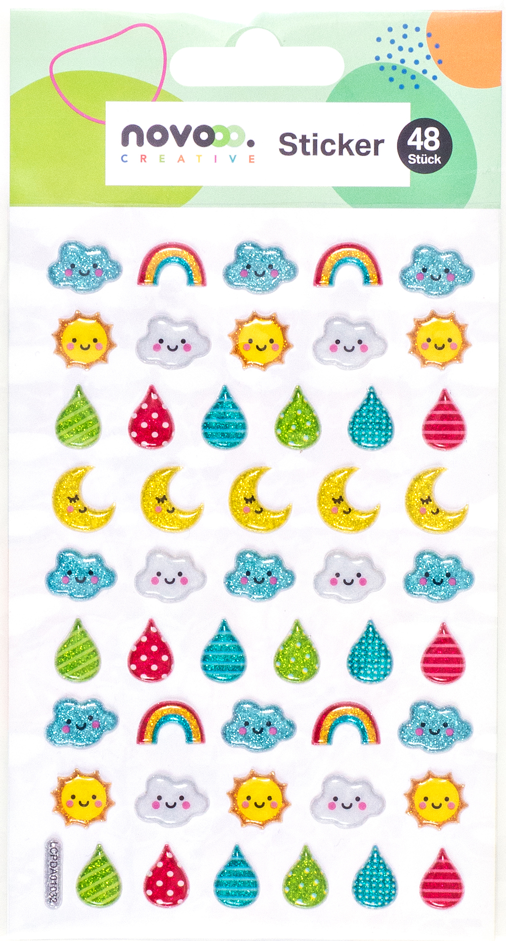 Stickerbogen mit 48 bunten Aufklebern. Motive sind Sonne, Wolken, Regenbogen, Tropfen und Monde.