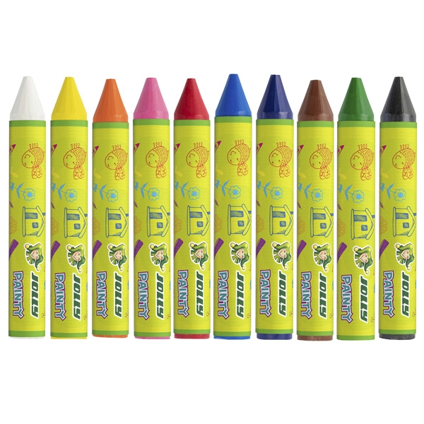 Zehn Wachsmalstifte in verschiedenen Farben. Jeder Stift hat eine gelbe Verpackung mit bunten Aufdrucken.