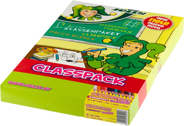 Bunte Verpackung für Schulmaterialien. Enthält Buntstifte und Malutensilien.