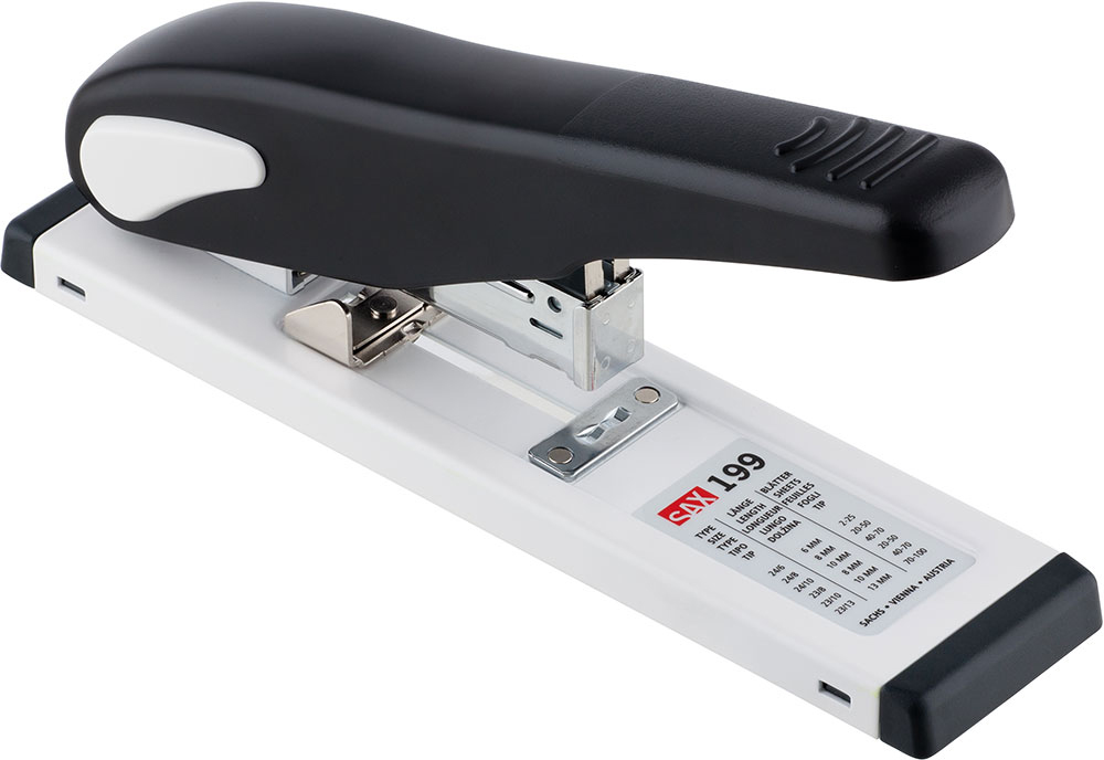 Schwarzer Hefter mit weißem Unterteil. Die Oberseite hat eine ergonomische Form.