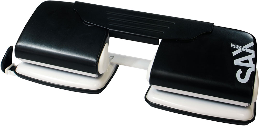 Schwarzer Handstanzer mit weißen Elementen. Kompakt und ergonomisch gestaltet.