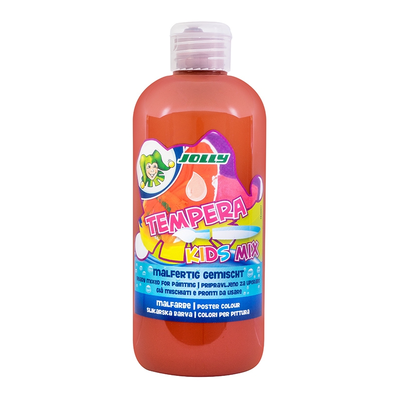 Flasche mit roter Temperafarbe für Kinder. Bunte Verpackung mit einem Clown-Logo.