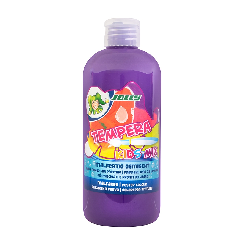 Flasche mit lila Temperafarbe für Kinder. Bunte Etikettgestaltung mit einem Clown. Inhalt ist bereits gemischt und bereit zum Malen.