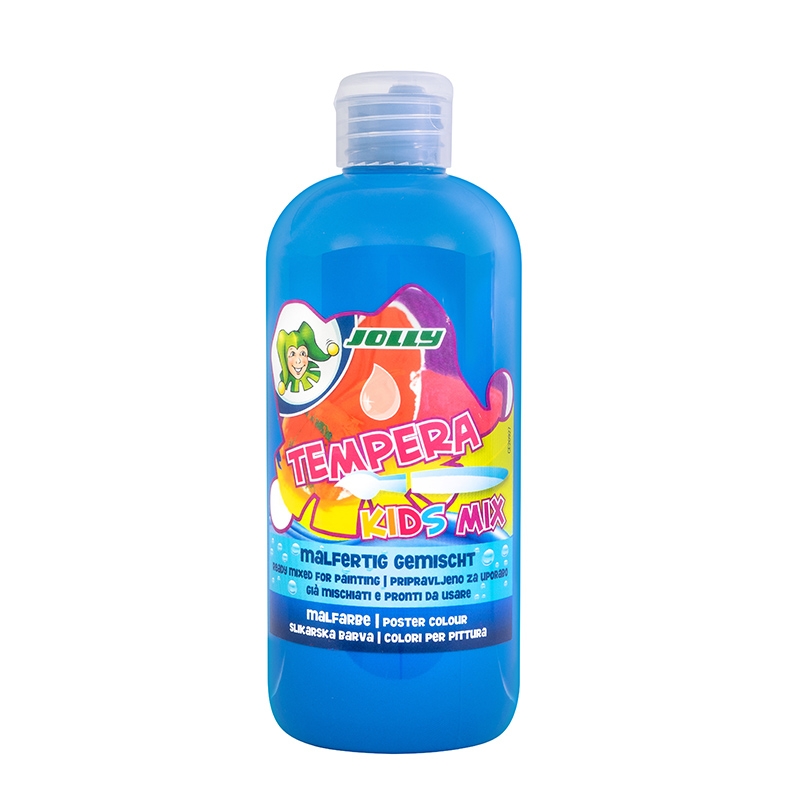 Flasche mit blauer Temperafarbe für Kinder. Bunte Etikette mit dem Schriftzug 'Tempera Kids Mix'.