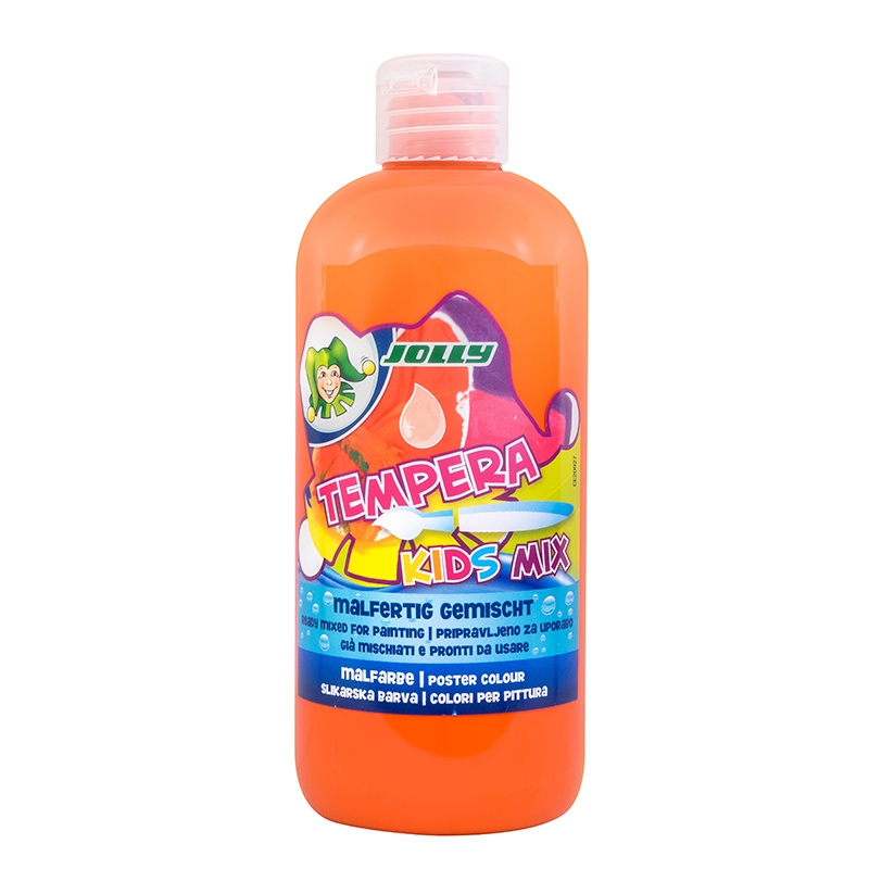 Flasche mit orangefarbener Temperafarbe für Kinder. Etikett mit bunten Farben und einem Clownsmotiv.
