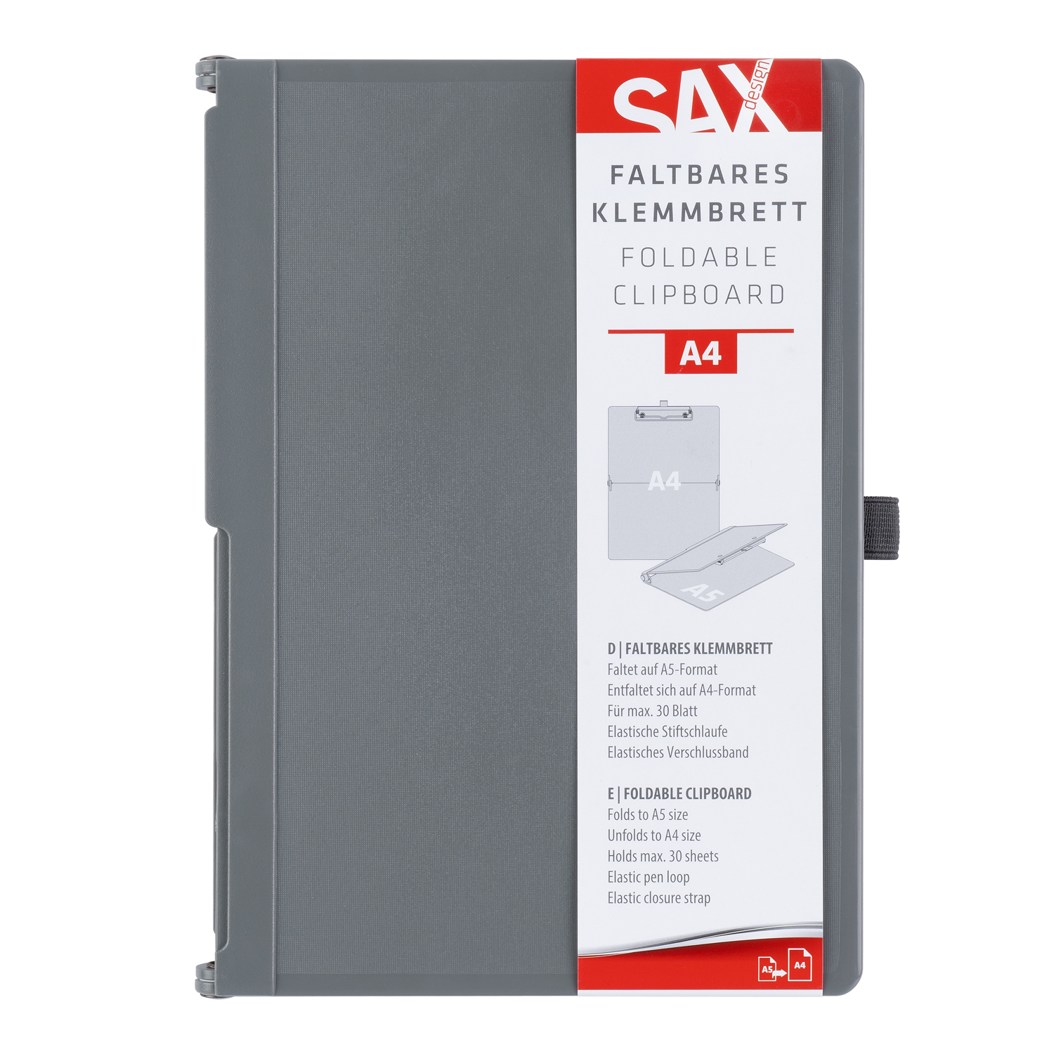 graues, faltbares Klemmbrett. A4-Format. Hält bis zu 30 Blätter. Mit elastischer Stiftschlaufe und Verschlussband.
