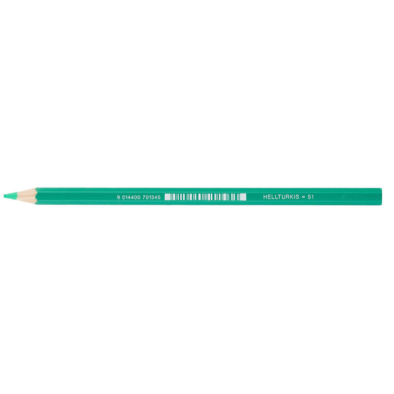 Grüner Farbstift mit spitzem Ende. Auf der Seite steht 'Helltürkis = 51'.