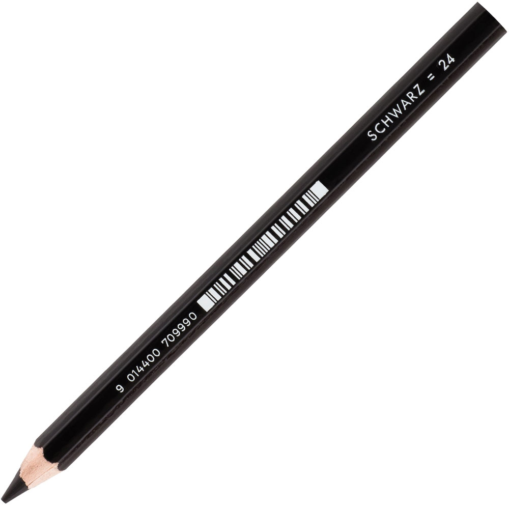 Schwarzer Bleistift mit der Aufschrift 'SCHWARZ = 24'. Die Mine ist spitz und die Oberfläche glänzend.