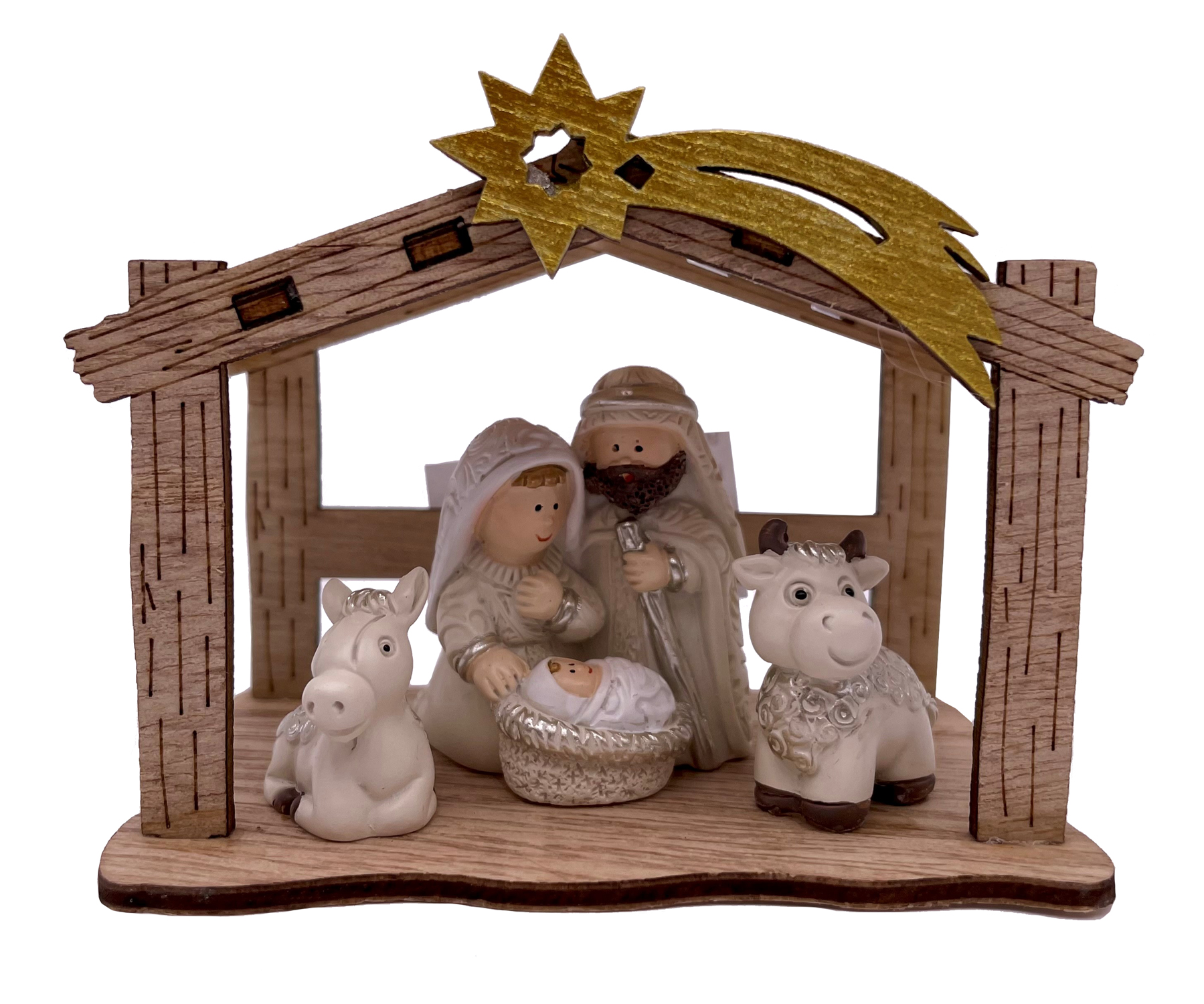 Holzkrippe mit Krippenfiguren 7,4 x 6 x 9,5 cm braun