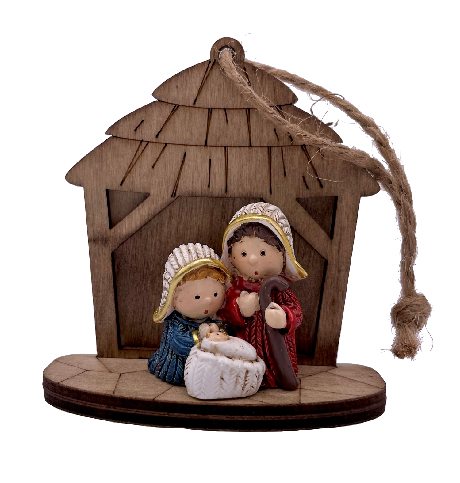 Holzfigur einer Krippe. Zwei Figuren: ein Mann und ein Kind in einer Wiege. Der Mann hält einen Stock. Die Figuren tragen Hüte. Hintergrund aus Holz mit Dach.