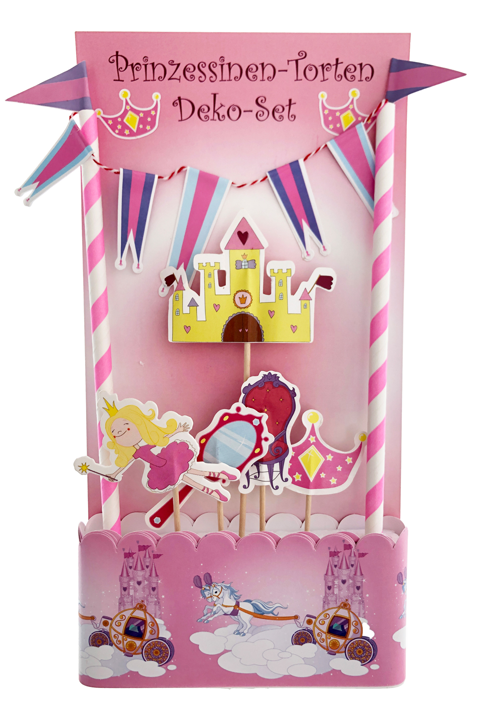 Deko-Set für Prinzessinen-Torten. Enthält eine Burg, Figuren und Fahnen in pink und gelb.