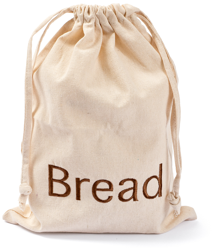 Beige Stofftasche mit Kordelzug. Auf der Vorderseite steht das Wort 'Bread' in brauner Schrift.