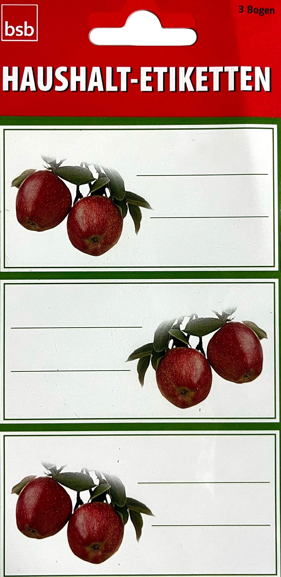 Haushaltsetiketten mit Bildern von roten Äpfeln. Drei Bögen mit beschreibbaren Feldern.