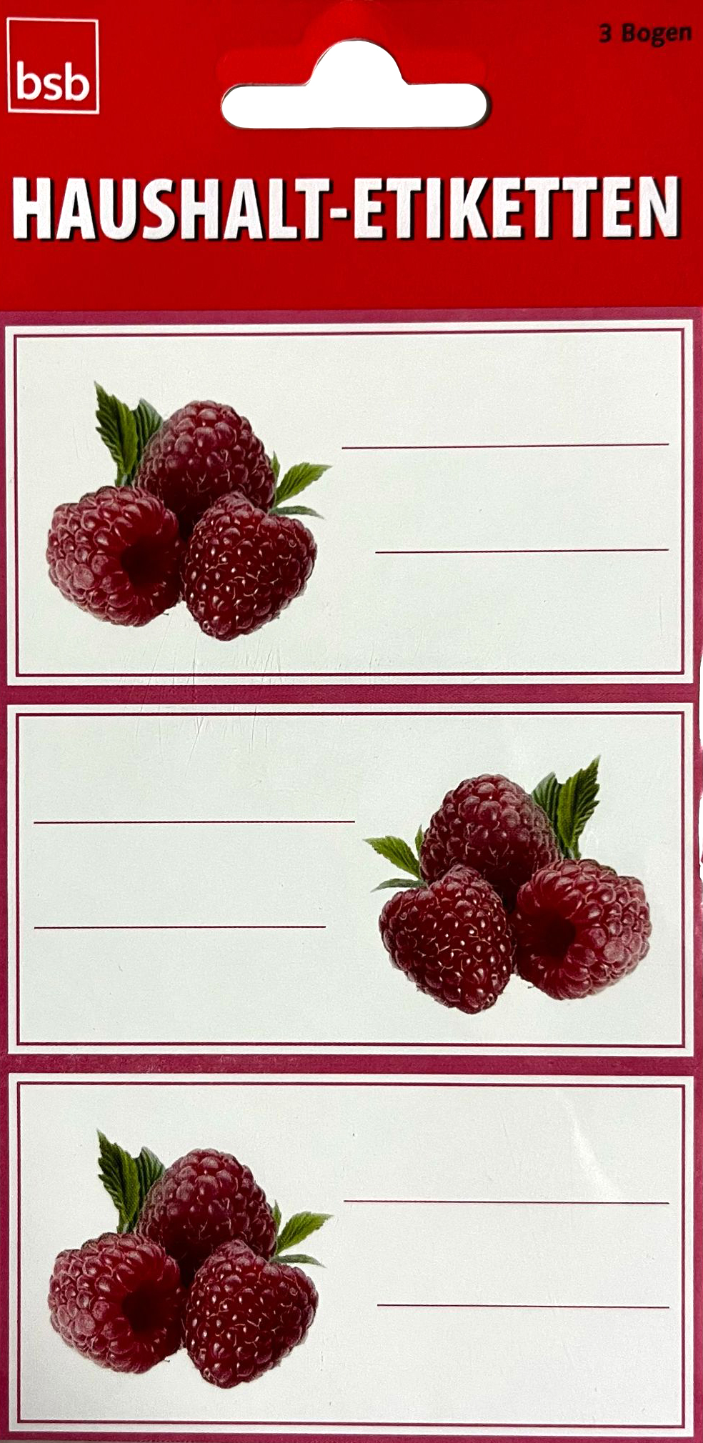 Haushaltsetiketten mit Himbeeren. Drei Bögen, jeweils mit Platz für Beschriftungen. Himbeeren sind realistisch abgebildet.