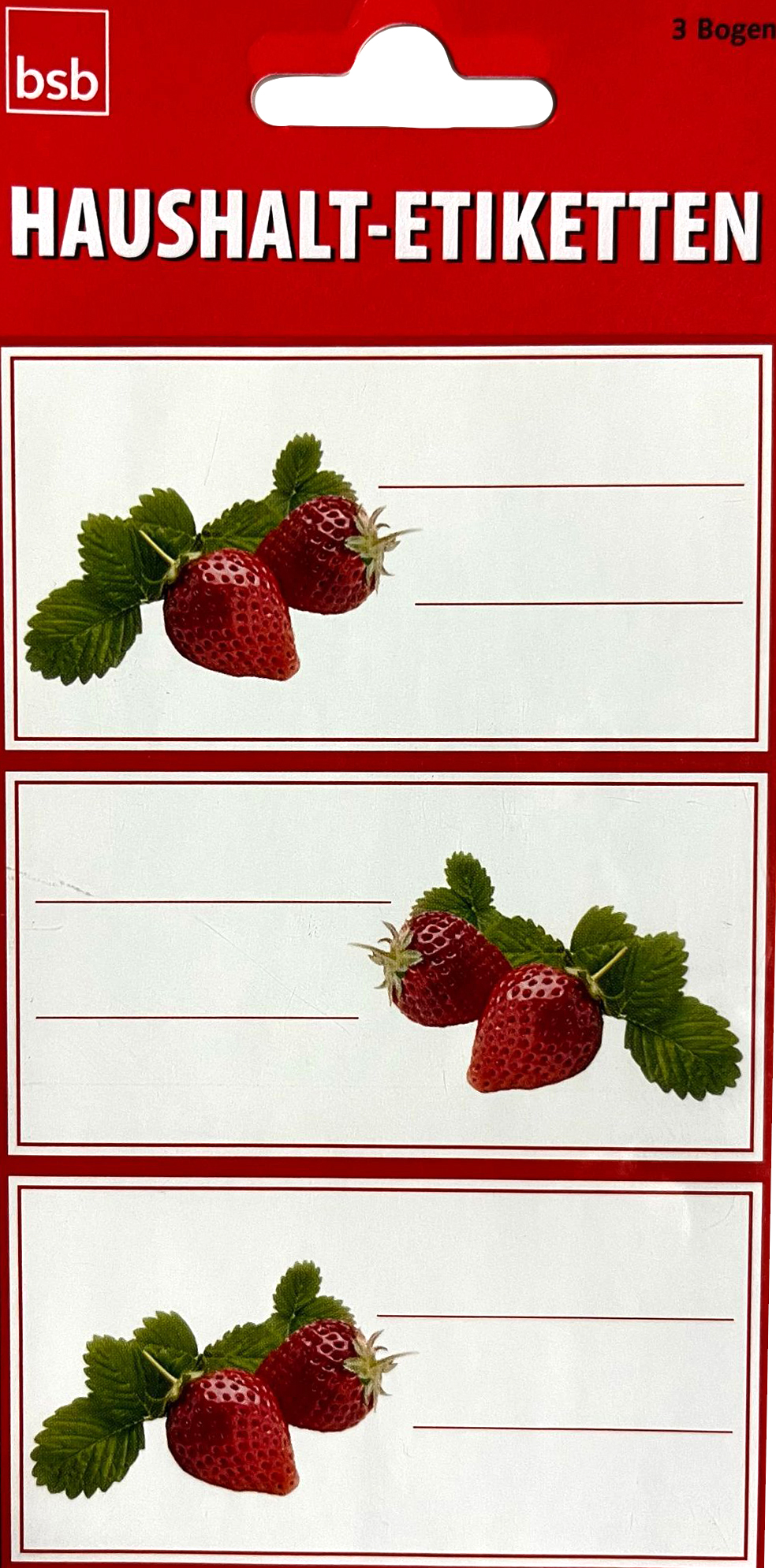 Haushaltsetiketten mit Erdbeermotiv. Drei Bögen mit leeren Beschriftungsfeldern.