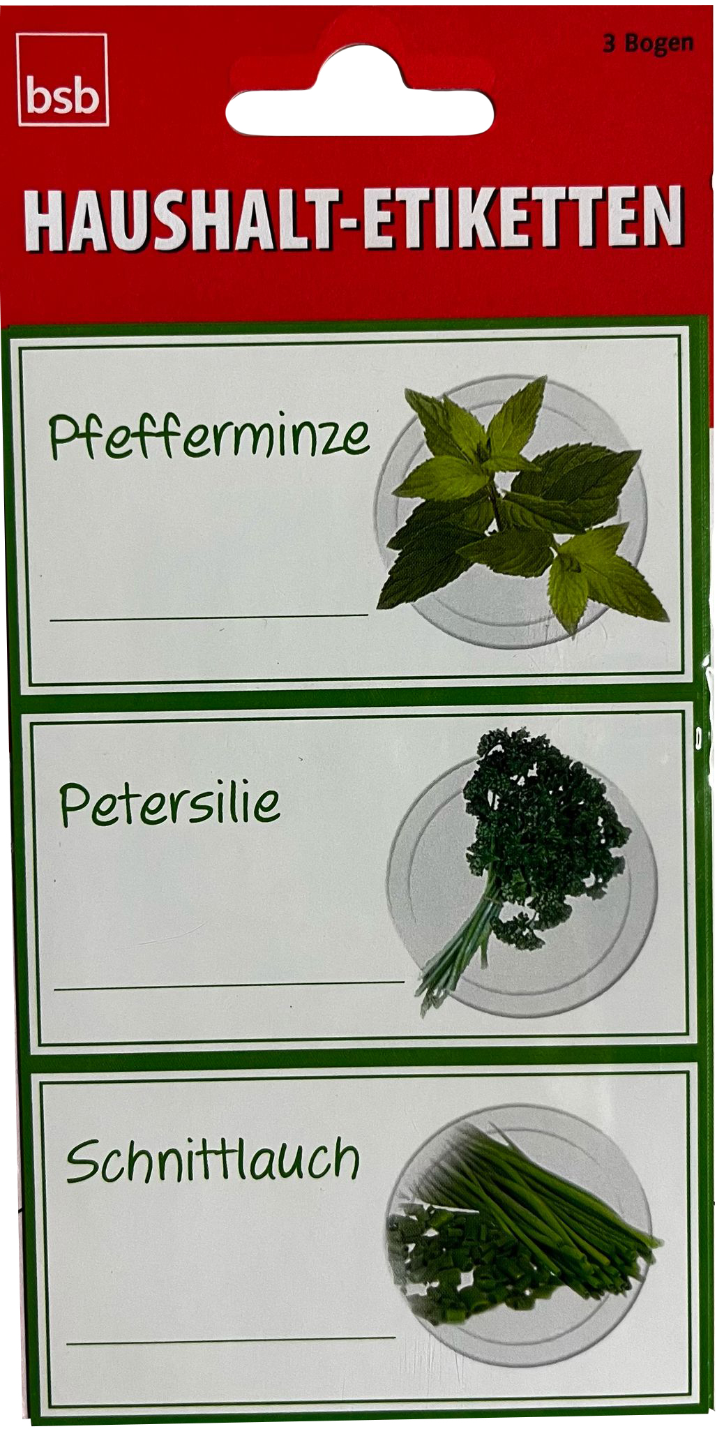 Haushaltsetiketten mit drei Kräutern. Oben: Pfefferminze, mittig: Petersilie, unten: Schnittlauch. Jede Etikette hat Platz für Beschriftung.