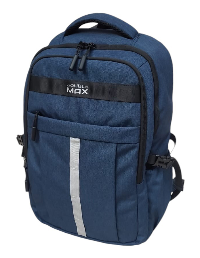 blauer Rucksack mit zwei Hauptfächern und einem vorderen Reißverschlussfach. Tragegriffe und gepolsterte Schulterriemen.
