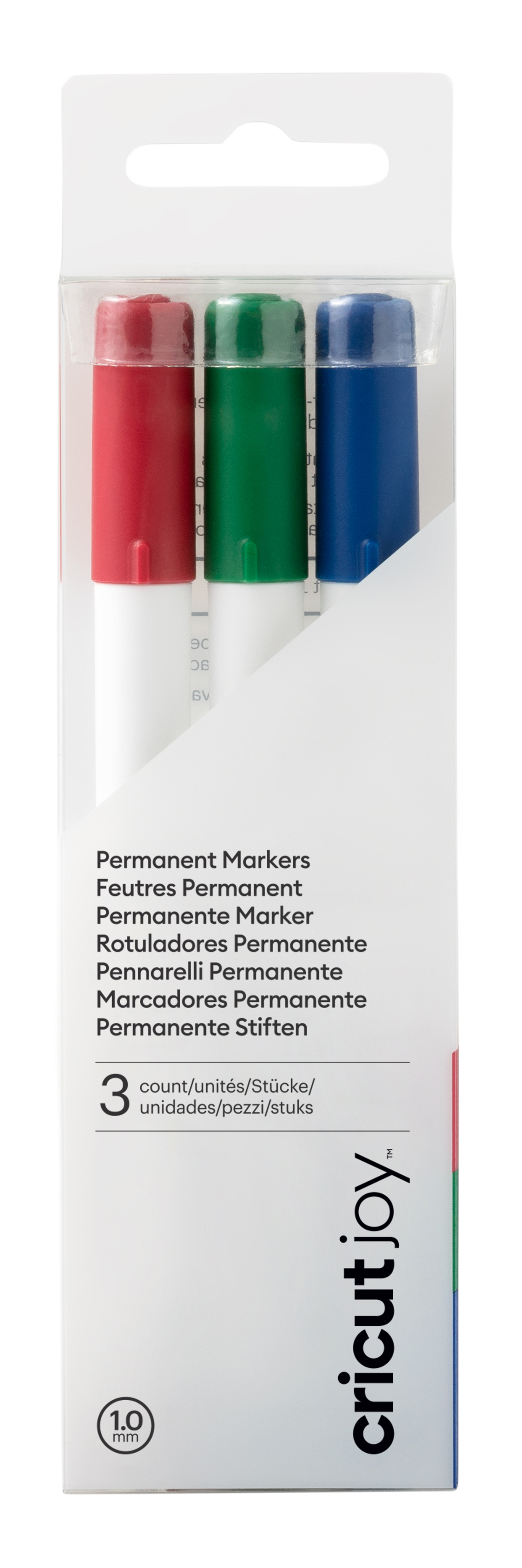 Paket mit drei permanenten Markern in rot, grün und blau. Die Marker sind in einer transparenten Verpackung.