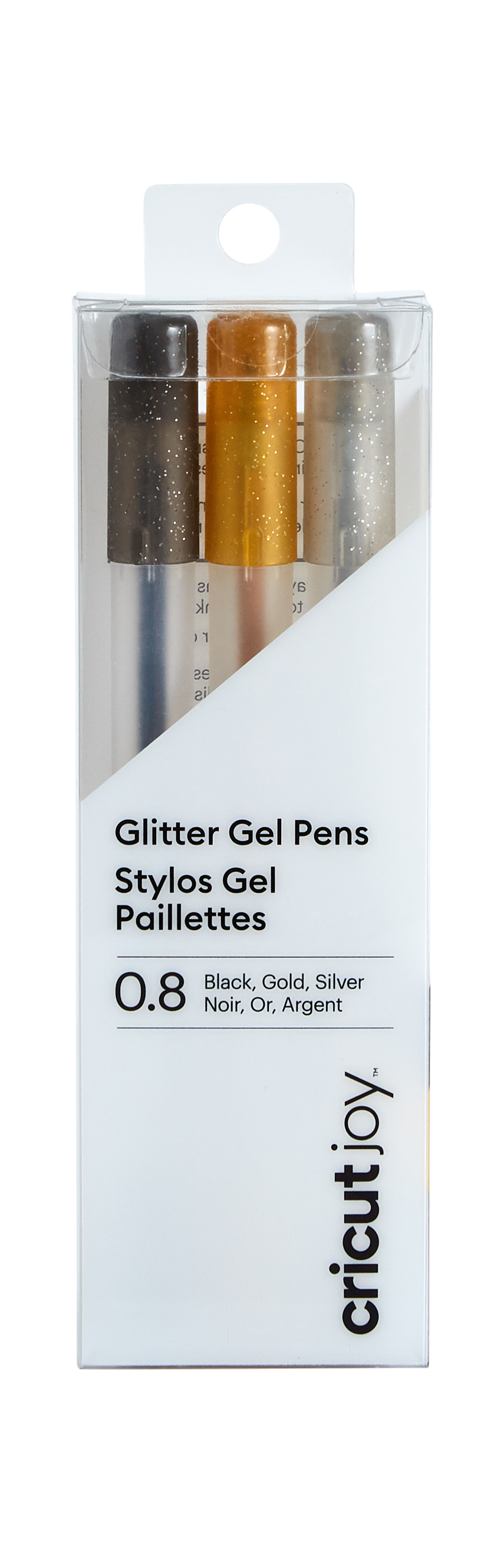 Set mit drei Glitzer-Gelstiften in Schwarz, Gold und Silber. Verpackung transparent mit Beschriftung.
