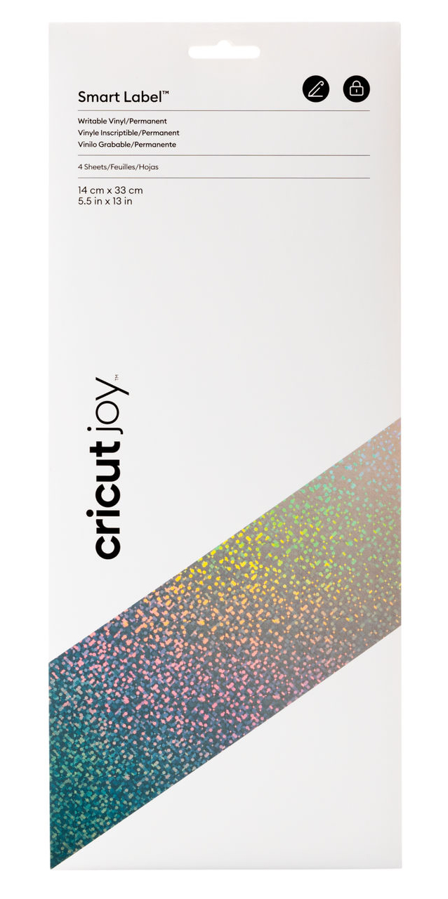 Verpackung für Smart Label™. Schreibbares, permanentes Vinyl. 4 Blätter, Größe 14 cm x 33 cm. Farbverlauf auf der unteren Hälfte.