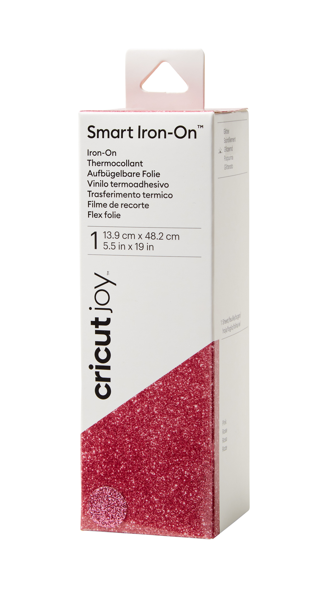 Verpackung für Smart Iron-On Folie in pink mit Glitzer. Enthält ein Blatt für den Thermotransfer.
