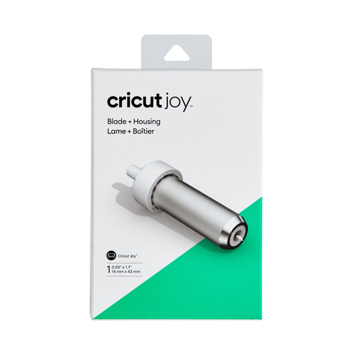 Verpackung für Cricut Joy Klinge und Gehäuse. Silberne Klinge mit weißem Gehäuse auf grünem Hintergrund.