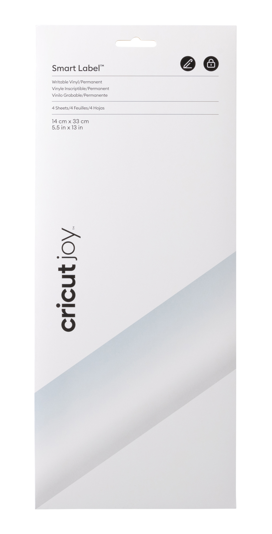 Verpackung für Smart Label von Cricut Joy. Enthält vier beschreibbare Vinylblätter.