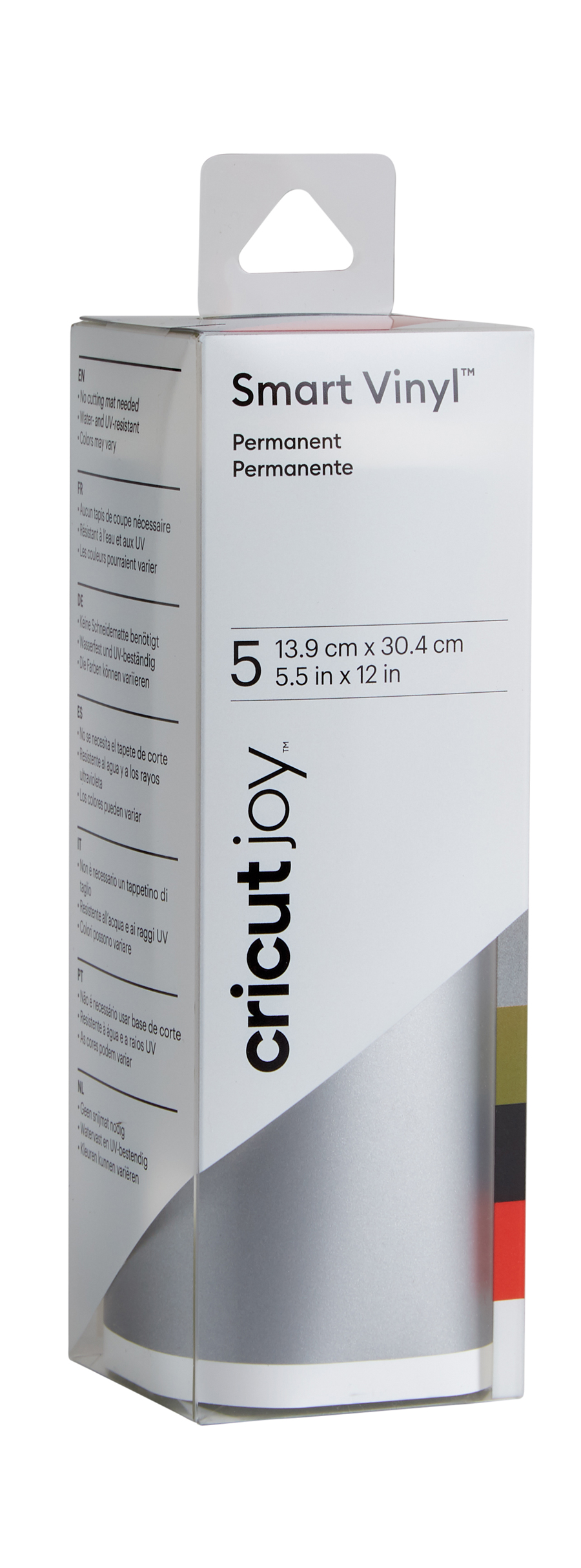 Verpackung für Smart Vinyl von Cricut. Enthält permanente, wasser- und UV-beständige Folie.