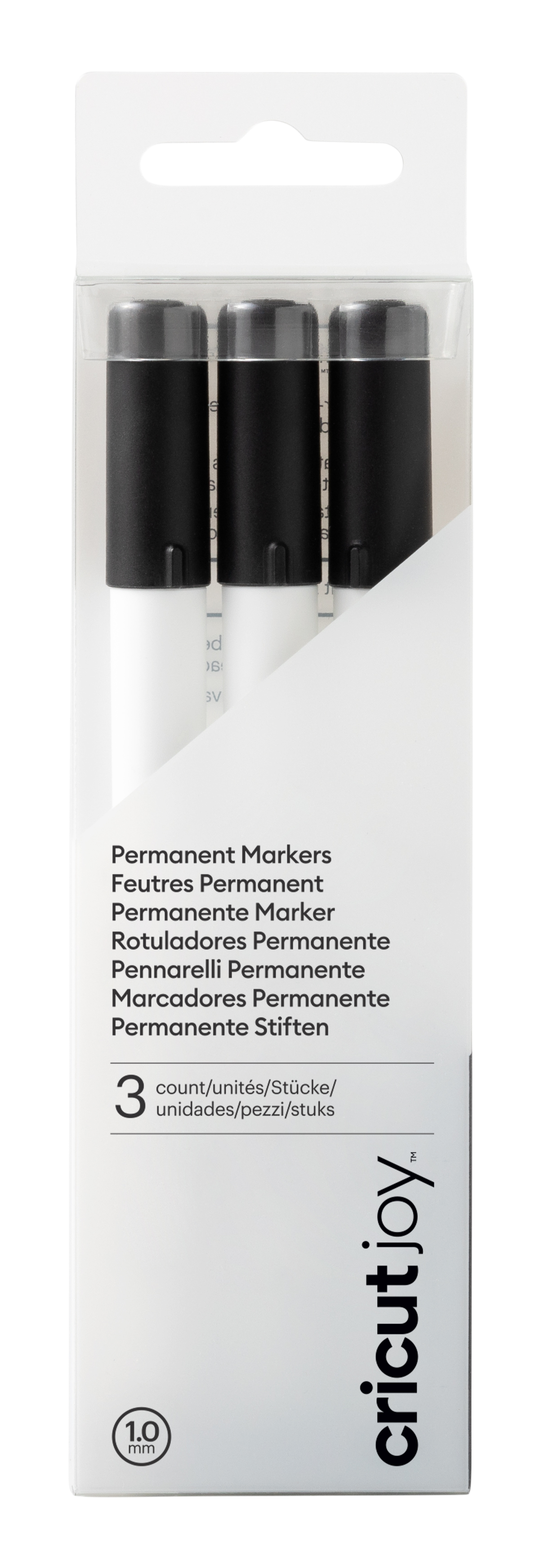 Drei permanente Marker in einer Verpackung. Die Marker sind schwarz mit runden Kappen.
