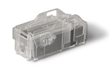 Transparente Aufbewahrungsbox mit Griff. Sie hat eine rechteckige Form und ist für kleine Gegenstände geeignet.