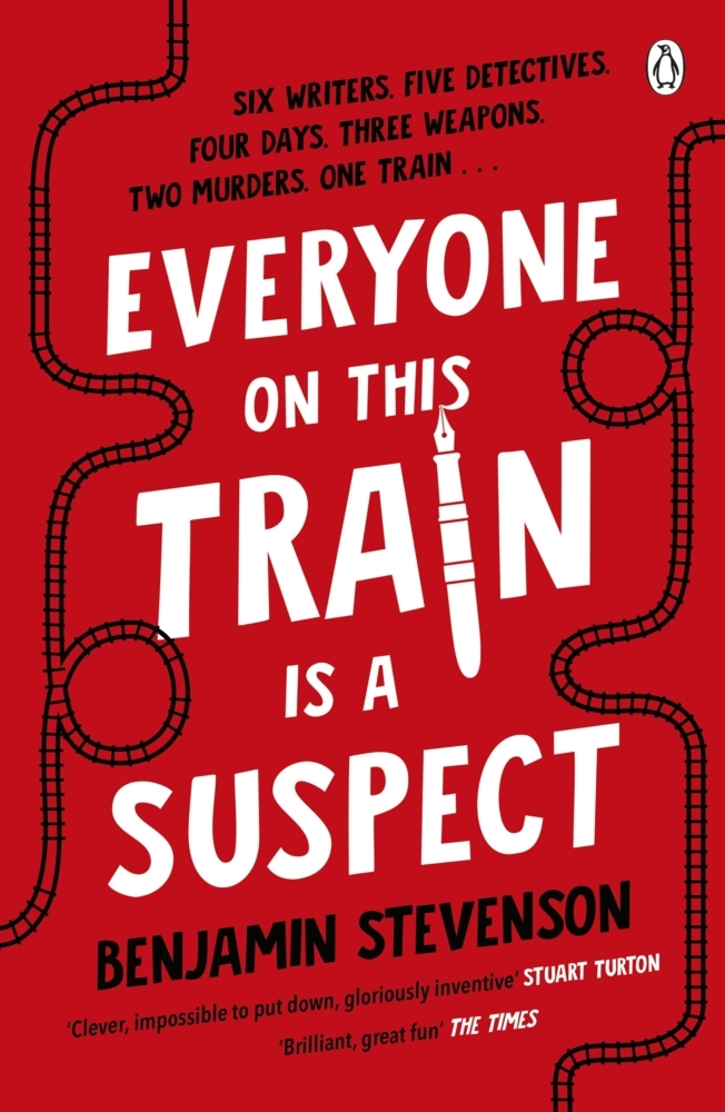 Buchcover mit rotem Hintergrund. Titel: 'Everyone on this Train is a Suspect', von Benjamin Stevenson.