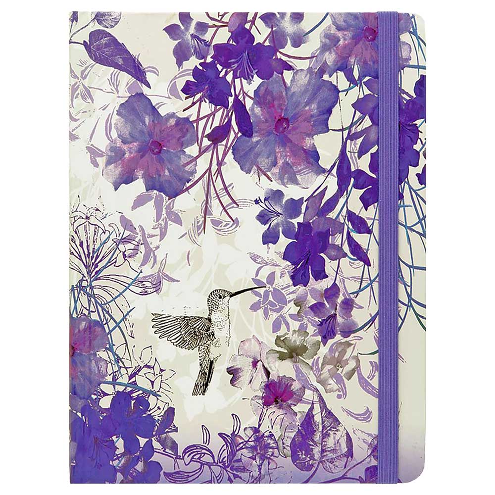 Notizbuch mit floralem Design in lila und violett. Ein Kolibri ist auf dem Cover abgebildet.