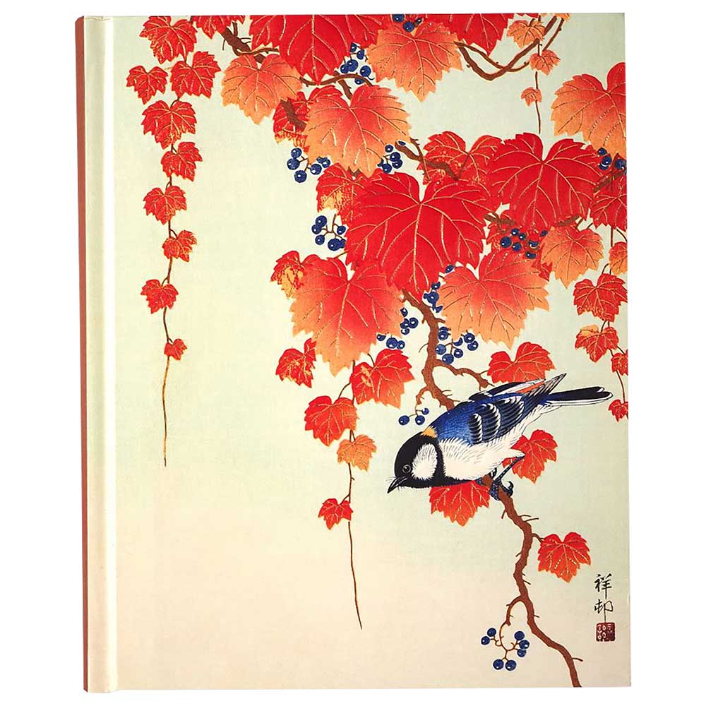 Buchcover mit einem Vogel auf einem Ast. Rote Blätter und blaue Beeren im Hintergrund.