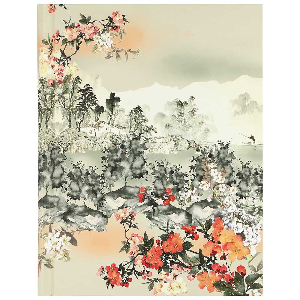 Buchcover mit Landschaftsmotiv und floralen Elementen. Sanfte Farben und asiatische Malerei.