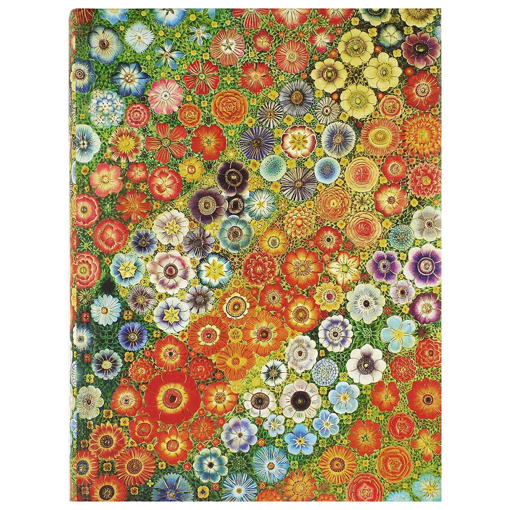 Buchcover mit buntem Blumenmuster. Verschiedene Blumen in vielen Farben auf grünem Hintergrund.