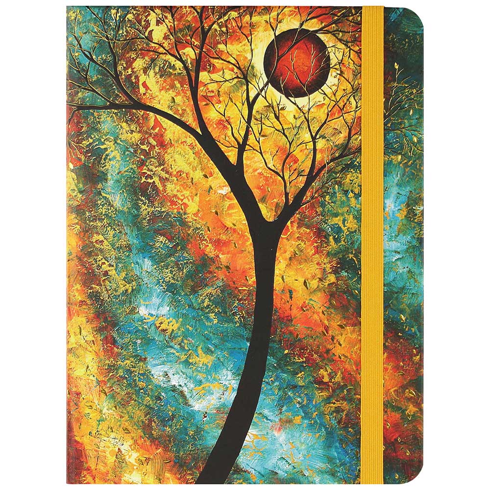 Notizbuch mit buntem Cover. Abstrakte Darstellung eines Baumes und einer Sonne.