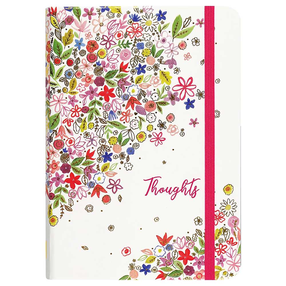 Notizbuch mit buntem Blumenmuster auf dem Cover. Der Titel 'Thoughts' ist in pinker Schrift.