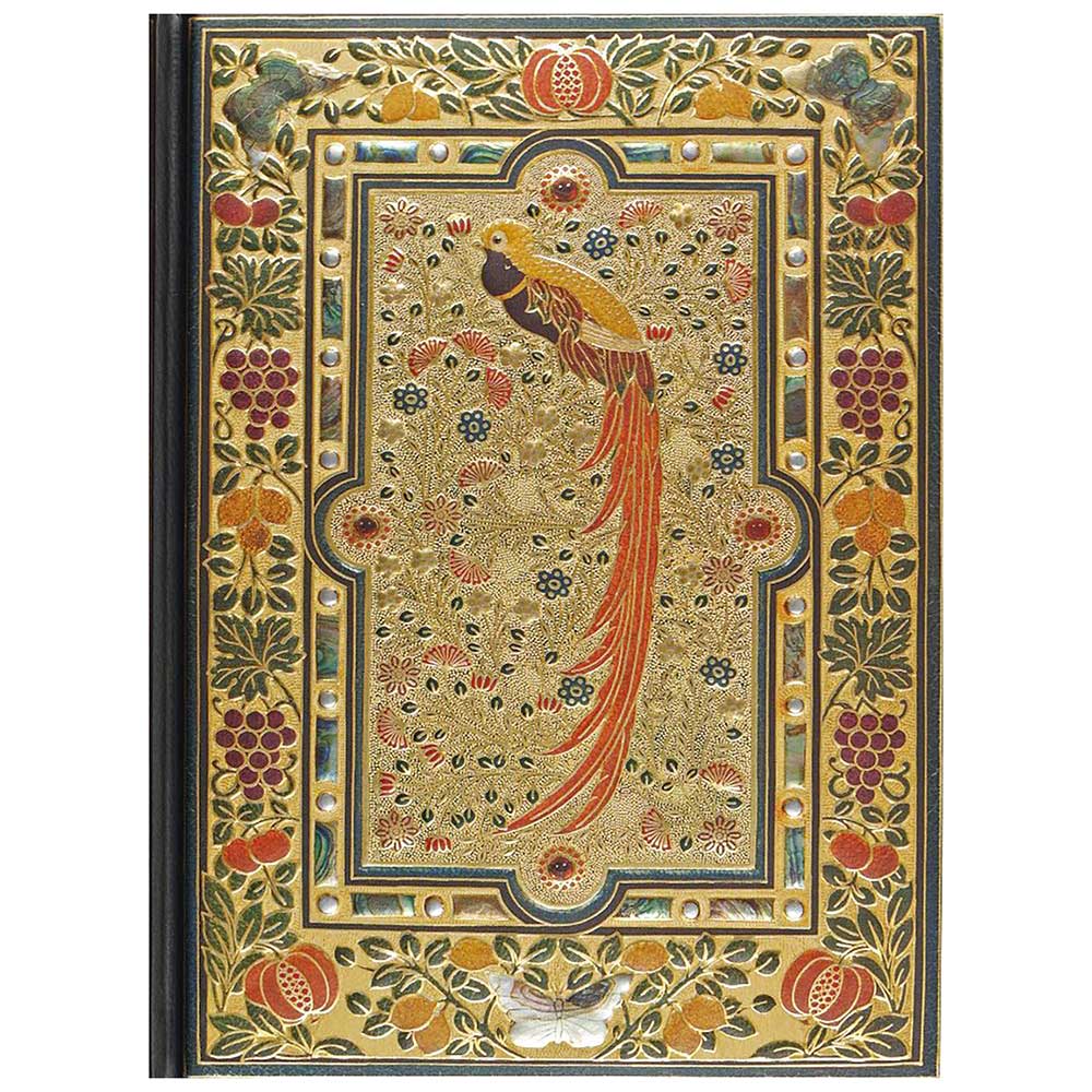 Buchcover mit goldener Verzierung und einem bunten Vogel. Umgeben von floralen Mustern und Früchten.