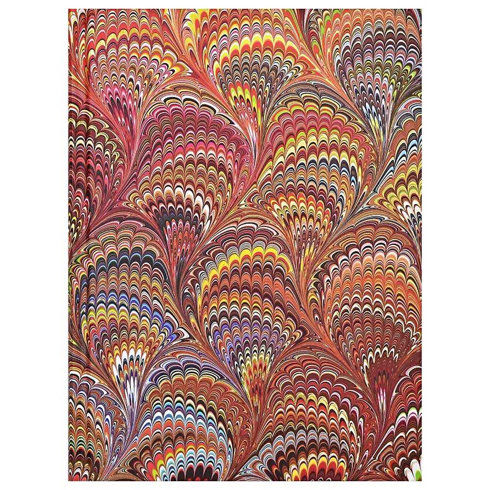 Muster in warmen Farben, geschwungene Formen. Sieht aus wie eine künstlerische Papiermarmorierung.