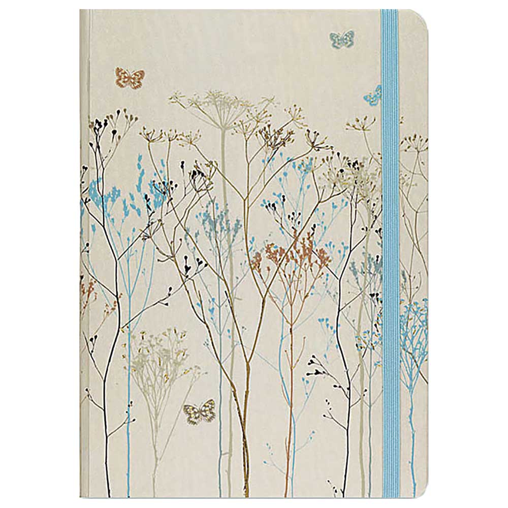 Notizbuch mit floralem Design in sanften Farben. Auf der Vorderseite sind Pflanzen und Schmetterlinge abgebildet.