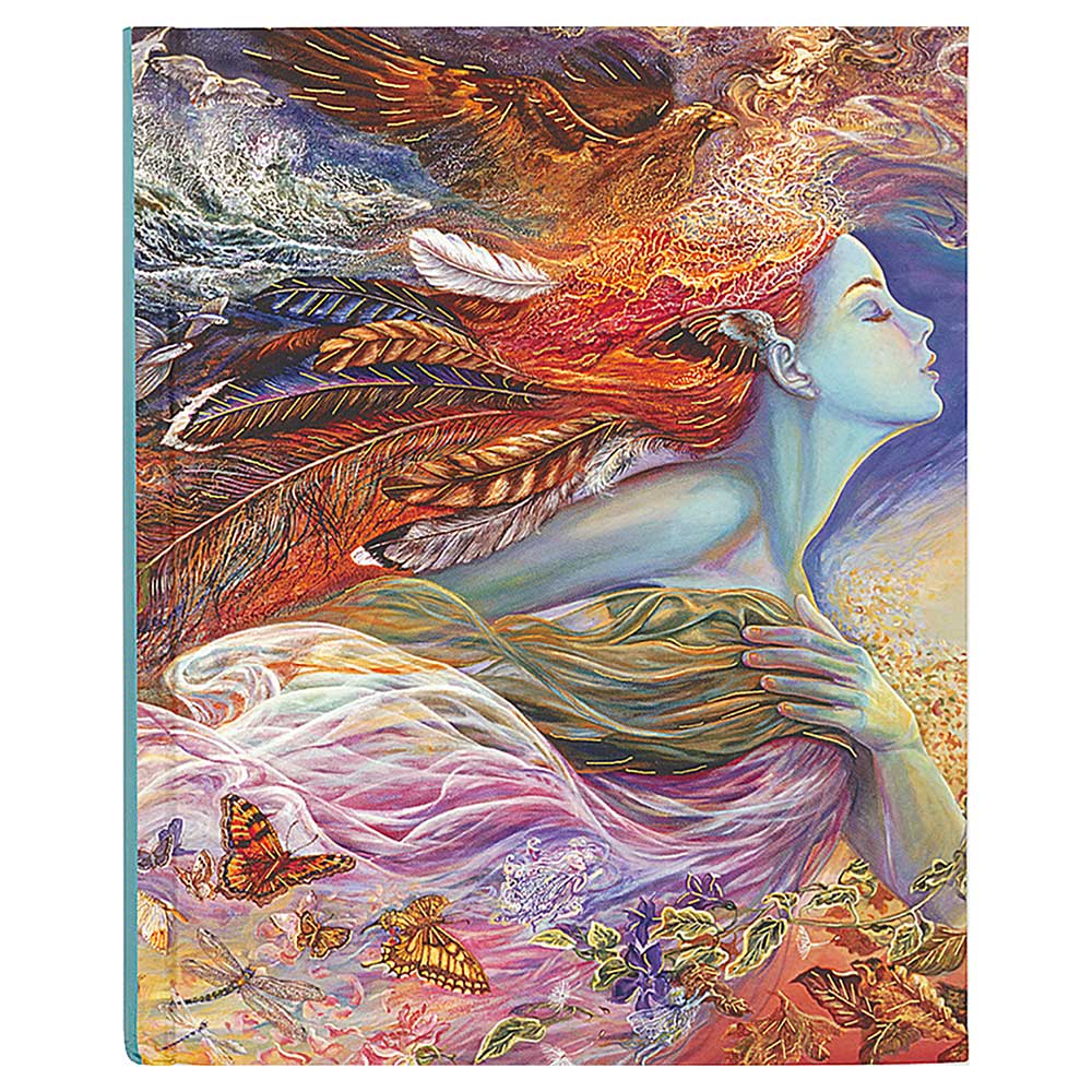 Buchcover mit einer Frau in blauer Haut und roten Haaren. Umgeben von Federn, Schmetterlingen und einer farbenfrohen Landschaft.