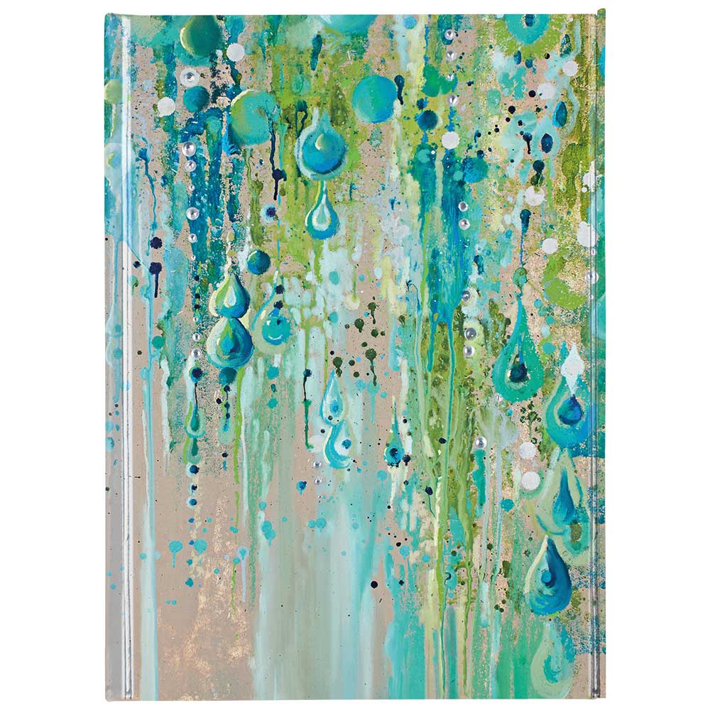 Abstrakte Malerei in Blau- und Grüntönen. Tropfenartige Formen und fließende Linien.