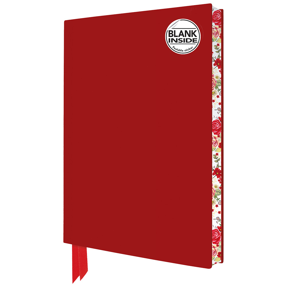 Rotes Notizbuch mit floralem Design an der Seite. Es ist leer und hat ein Lesezeichen.