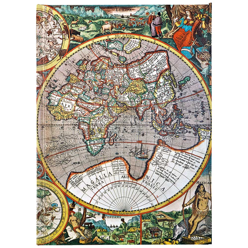 Historische Weltkarte mit bunten Kontinenten und Zeichnungen. Umrandungen in Rot und Gelb.